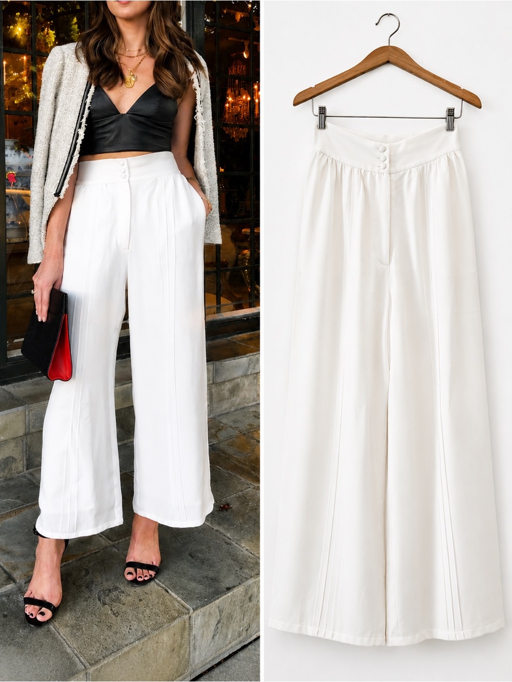 Sylvia Delao Ivory Wide Leg Cropped Pants | High Rise Pull-On Minimalist